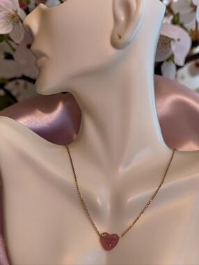 Minimalist Gold tone Chain Necklace with Iridescent Pink Heart Pendant